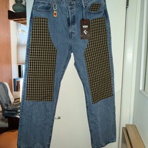 Emma Chamberlain x Levi's Blue Jeans with Olive Plaid Patch Panels
